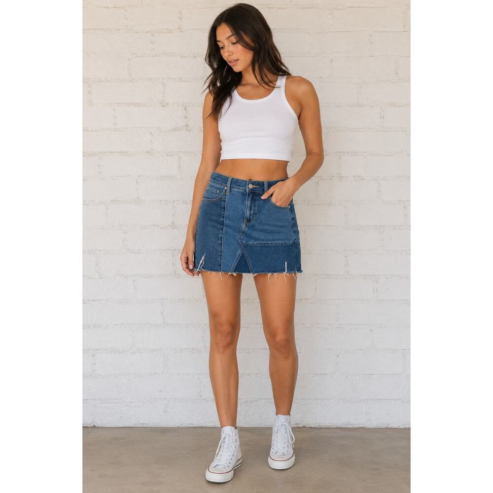 PacSun Patchwork Denim Mini Skirt Womens Size 23 Raw Hem Colorblock Jean Skirt